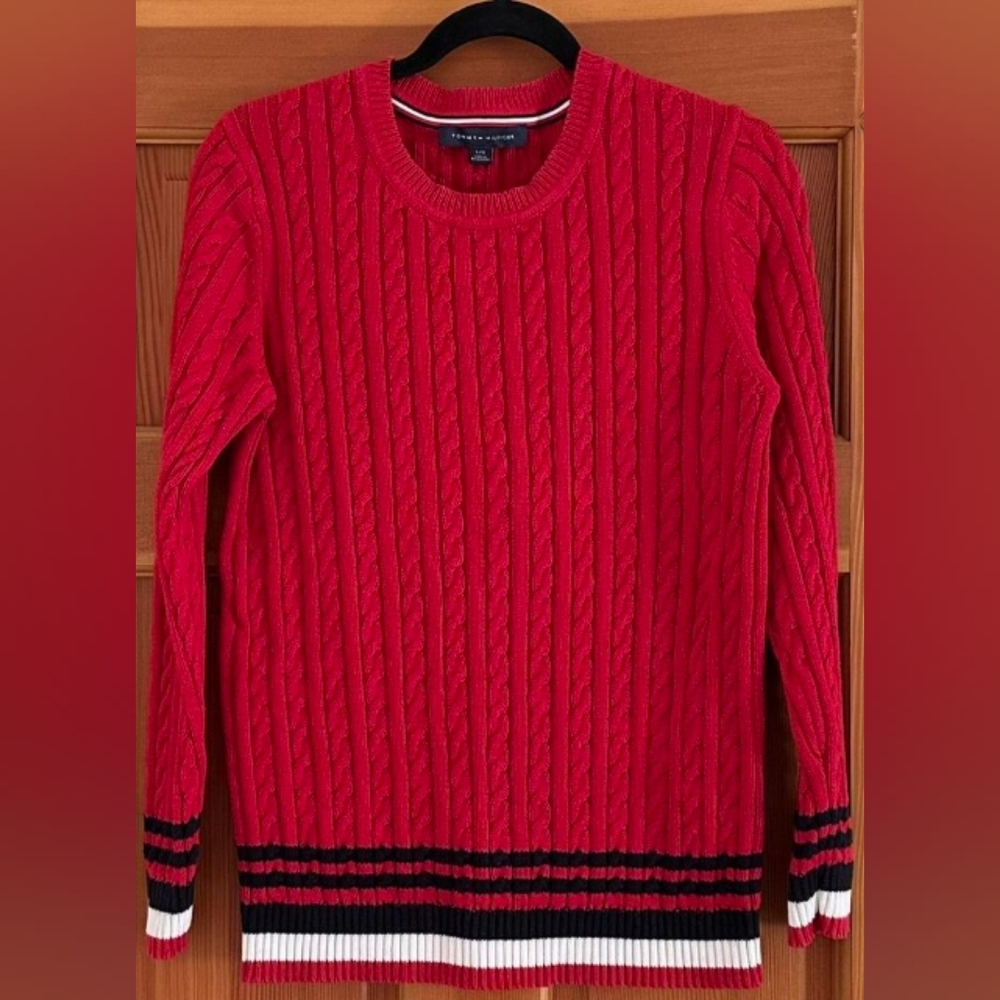Tommy Hilfiger Red Cable Knit Crewneck Sweater